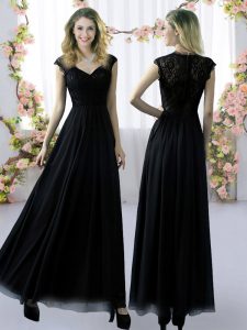 Chiffon V-neck Cap Sleeves Zipper Lace Dama Dress for Quinceanera in Black
