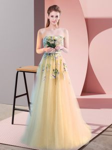 Light Yellow Tulle Lace Up Sleeveless Floor Length Appliques