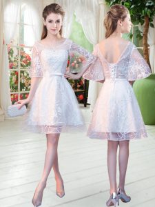 High Class Knee Length White Lace Half Sleeves Beading
