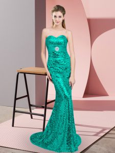 Chic Turquoise Prom Dress Prom and Party with Beading Scoop Sleeveless Sweep Train Lace Up