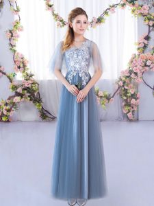 Blue Half Sleeves Floor Length Lace Lace Up Dama Dress