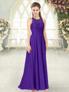Latest Purple Chiffon Backless Scoop Sleeveless Floor Length Prom Dresses Lace