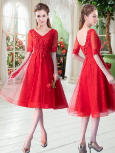 Knee Length Red Prom Evening Gown Tulle Half Sleeves Beading and Appliques