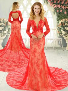 Red Long Sleeves Tulle Court Train Backless Homecoming Dress for Prom and Party and Military Ball