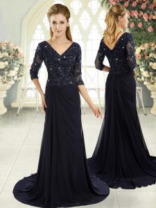 Attractive Navy Blue Prom Gown V-neck Half Sleeves Sweep Train Zipper