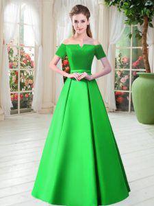 Colorful Floor Length A-line Short Sleeves Green Prom Evening Gown Lace Up