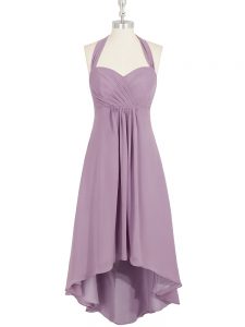Cute Lilac Zipper Prom Evening Gown Ruching Sleeveless High Low