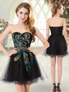 Mini Length Lace Up Dress for Prom Black for Prom and Party with Beading and Appliques