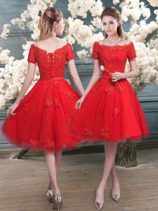 Stunning Off The Shoulder Short Sleeves Homecoming Dress Knee Length Lace Red Tulle