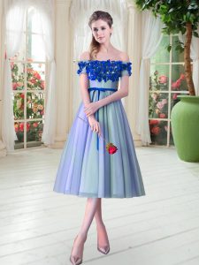 Luxury Tulle Off The Shoulder Sleeveless Lace Up Appliques Dress for Prom in Blue
