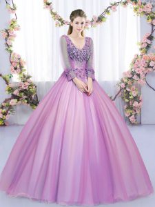 Best Selling Lilac Ball Gowns Tulle V-neck Long Sleeves Lace and Appliques Floor Length Lace Up Sweet 16 Dresses