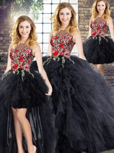 Fashionable Black Zipper Quinceanera Dresses Embroidery and Ruffles Sleeveless Floor Length