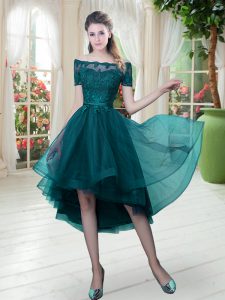 Best Selling High Low A-line Short Sleeves Peacock Green Dress for Prom Lace Up