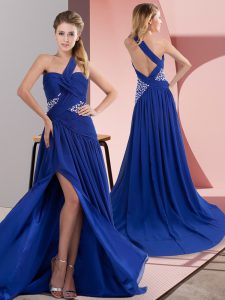 Cheap Sweep Train Column/Sheath Dress for Prom Royal Blue One Shoulder Chiffon Sleeveless Backless