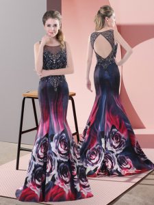 Affordable Sleeveless Printed Sweep Train Backless Dress for Prom in Multi-color with Beading