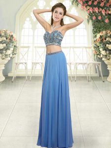 Elegant Floor Length Blue Prom Dresses Chiffon Sleeveless Beading