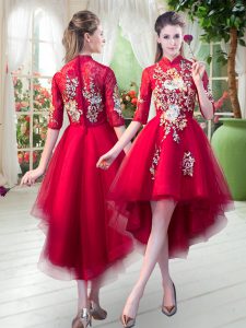 Red A-line Appliques Zipper Tulle Half Sleeves High Low