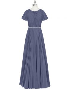 Modest Chiffon Short Sleeves Floor Length Prom Dresses and Beading and Pleated