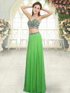Green Two Pieces Beading Prom Dress Backless Chiffon Sleeveless Floor Length