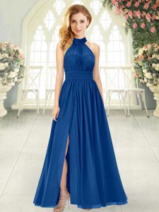 Fashionable Blue Prom Gown Prom and Party with Ruching Halter Top Sleeveless Zipper