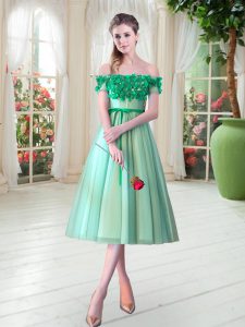 Turquoise Sleeveless Tea Length Appliques Lace Up Prom Dress
