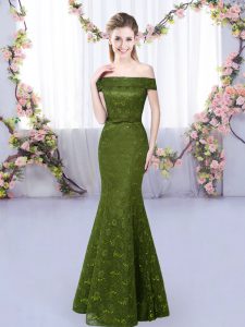Discount Olive Green Mermaid Off The Shoulder Sleeveless Floor Length Lace Up Lace Quinceanera Court of Honor Dress
