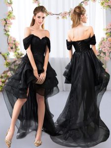 Lovely Off The Shoulder Short Sleeves Lace Up Dama Dress for Quinceanera Black Tulle