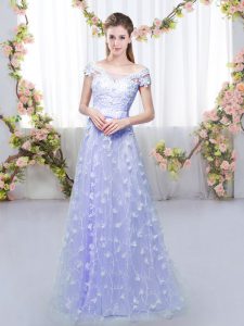 Shining Lavender Tulle Lace Up Off The Shoulder Cap Sleeves Floor Length Quinceanera Dama Dress Appliques