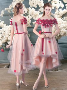 Short Sleeves High Low Appliques Lace Up Dress for Prom with Pink
