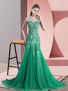 Green Backless Scoop Beading and Appliques Homecoming Dress Tulle Sleeveless Sweep Train