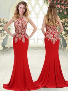 Halter Top Sleeveless Elastic Woven Satin Prom Gown Beading and Lace Sweep Train Zipper