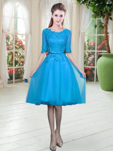 Knee Length Empire Half Sleeves Blue Prom Gown Lace Up