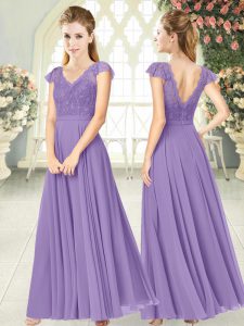 Stylish Lavender Chiffon Zipper Prom Dress Cap Sleeves Ankle Length Lace