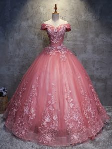 Sleeveless Tulle Floor Length Lace Up 15 Quinceanera Dress in Watermelon Red with Appliques