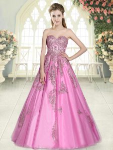 Rose Pink A-line Sweetheart Sleeveless Tulle Floor Length Lace Up Appliques Prom Gown