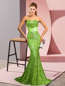 Comfortable Sleeveless Sequined Sweep Train Zipper Prom Evening Gown for Prom and Party and Military Ball