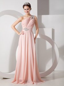 One Shoulder Chiffon Prom Dress with Ruche and Brush Train