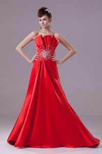 A-line Red Prom Dress with Beading and Brush Train in Satin