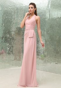 Chic Brush Train Halter Light Pink Chiffon Prom Gown under 150