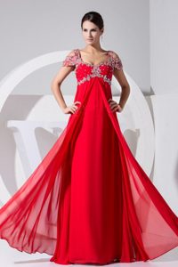 Cheap Cap Sleeves 2013 Red Prom Gown Dress with Appliques
