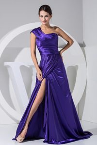 One Shoulder High Slit Purple Brush Train 2013 Prom Dress