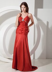 Custom Made Red Straps Ruched Beading Taffeta Prom Gown Dress