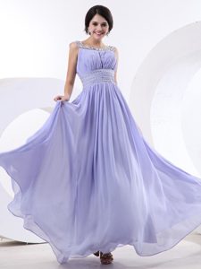 Beaded Bateau Lilac Chiffon Prom Dress with Pleats for Cheap