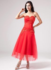 Red Sweetheart Tulle Prom Dress With Appliques Beaded under 150