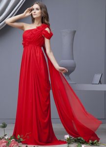 Red Prom Dress With One Shoulder Watteau Train Chiffon