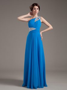 Blue Chiffon Prom Dress with One Shoulder Beading Bodice