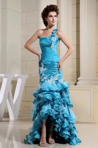 High-low Teal and Mermaid Amazing Prom Dress Appliques Ruffled