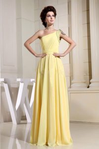 Beaded Decorate One Shoulder Yellow Simple Prom Dress