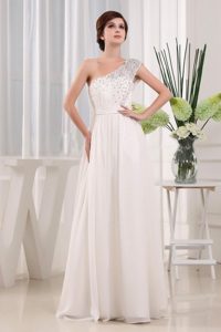 Beading One Shoulder Floor-length White A-line Evening Dress