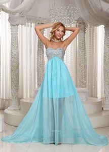 Prom Dress With Aque Blue Sweetheart Beaded Brush Train For Party